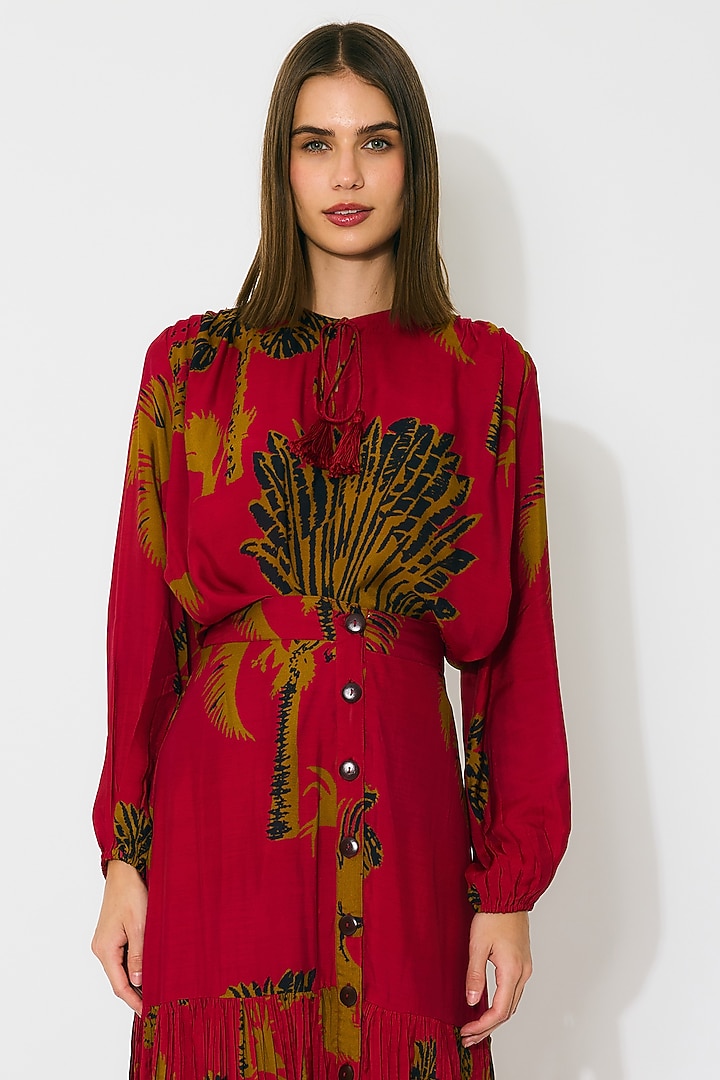 Red & Mustard Muslin Cotton Silk Floral Printed Top by Koai at Pernia's Pop Up Shop