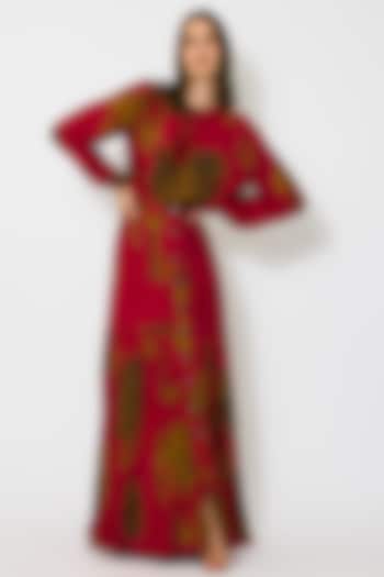 Red & Mustard Muslin Cotton Silk Floral Printed Skirt by Koai at Pernia's Pop Up Shop