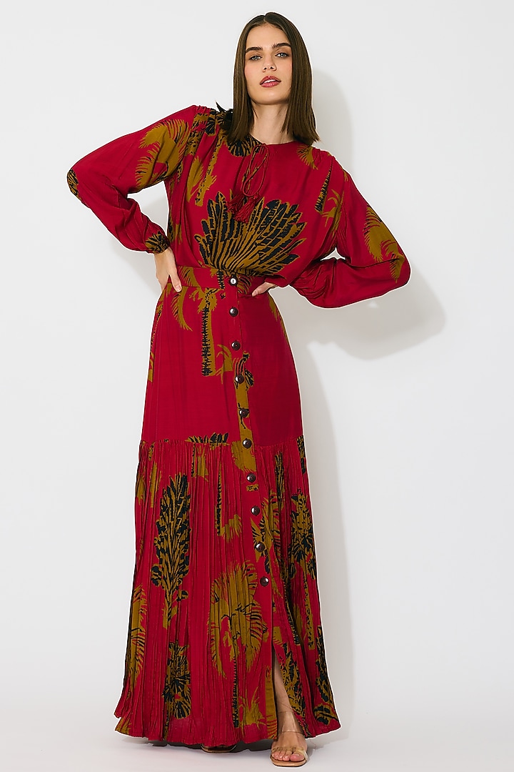 Red & Mustard Muslin Cotton Silk Floral Printed Skirt by Koai at Pernia's Pop Up Shop