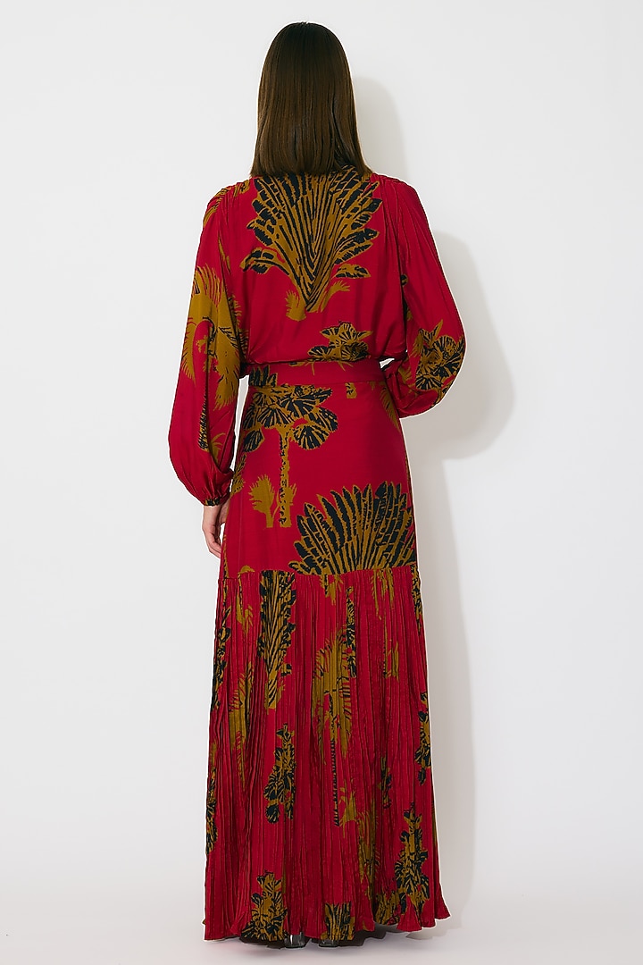 Red & Mustard Muslin Cotton Silk Floral Printed Skirt by Koai at Pernia's Pop Up Shop