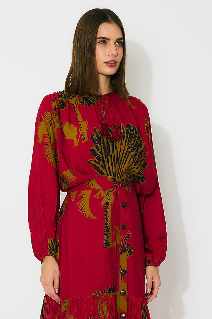 Red & Mustard Muslin Cotton Silk Floral Printed Skirt by Koai at Pernia's Pop Up Shop