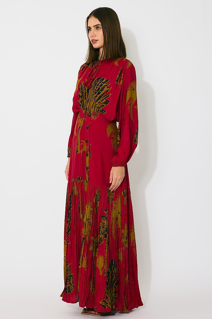 Red & Mustard Muslin Cotton Silk Floral Printed Skirt by Koai at Pernia's Pop Up Shop