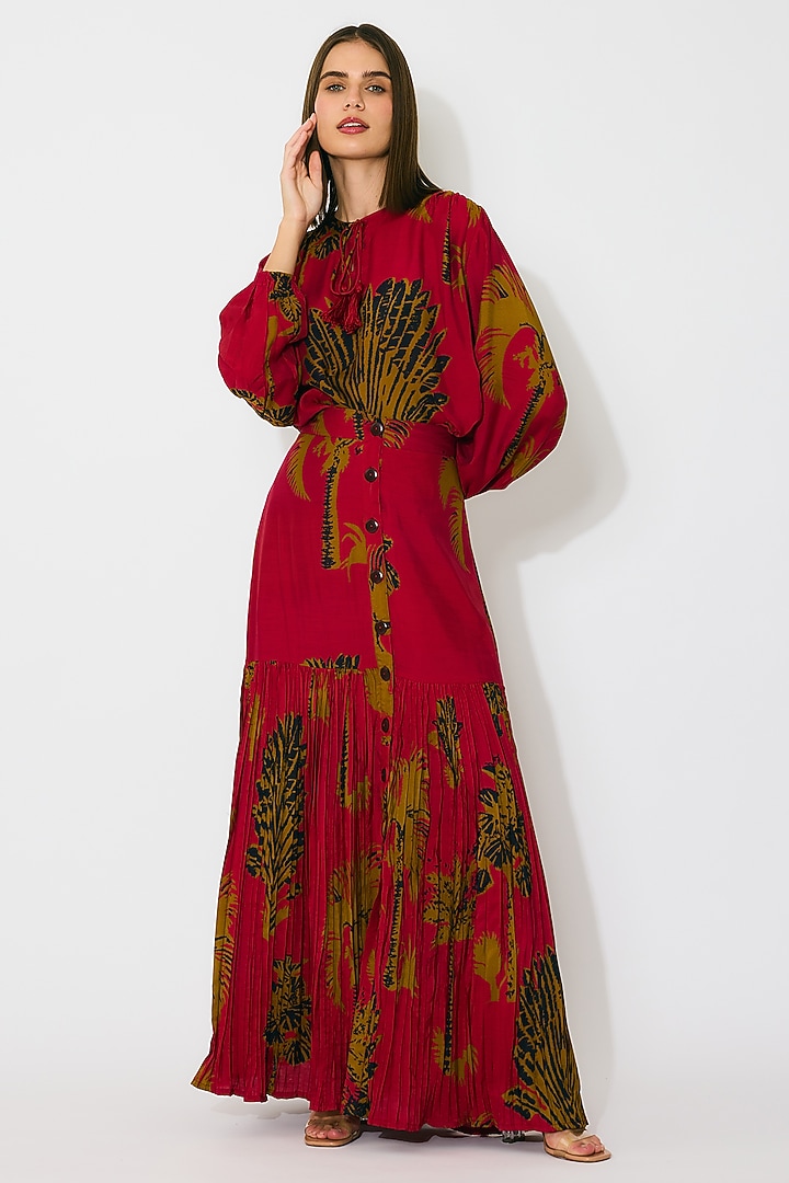 Red & Mustard Muslin Cotton Silk Floral Printed Skirt by Koai at Pernia's Pop Up Shop