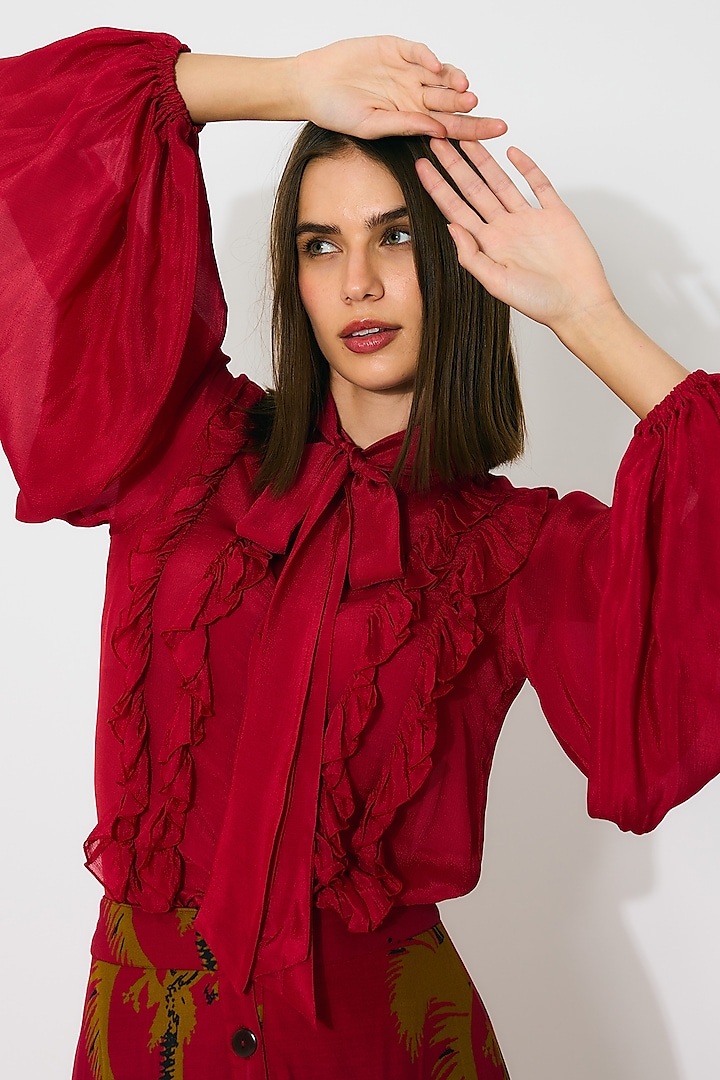 Red Chiffon Frilled Top by Koai at Pernia's Pop Up Shop