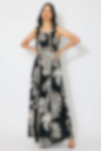 Black & Beige Muslin Cotton Silk Floral Printed Maxi Vacation Dress by Koai at Pernia's Pop Up Shop