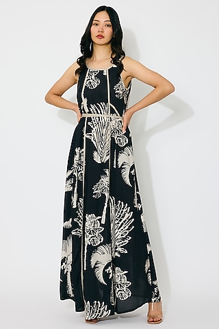 Black & Beige Muslin Cotton Silk Floral Printed Maxi Dress by Koai