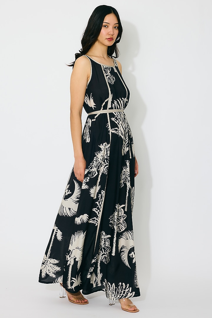 Black & Beige Muslin Cotton Silk Floral Printed Maxi Vacation Dress by Koai at Pernia's Pop Up Shop