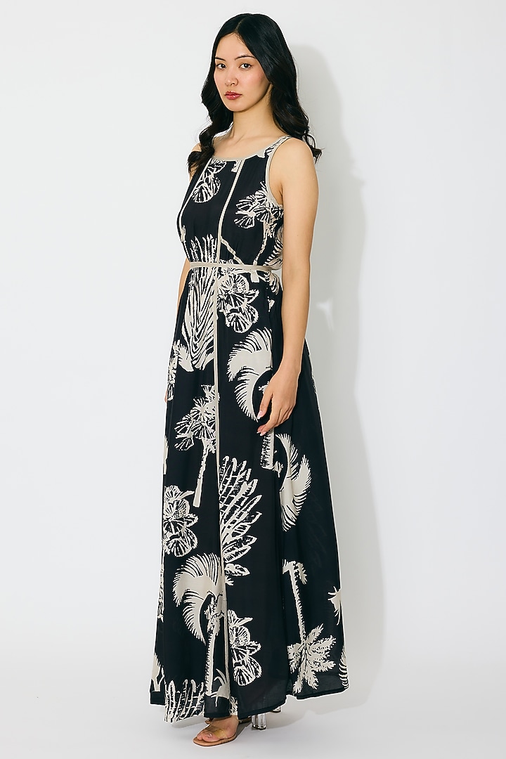 Black & Beige Muslin Cotton Silk Floral Printed Maxi Vacation Dress by Koai at Pernia's Pop Up Shop