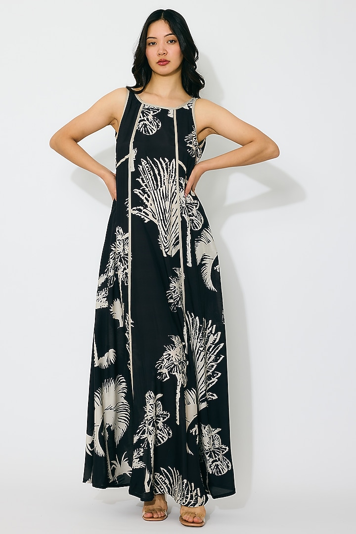 Black & Beige Muslin Cotton Silk Floral Printed Maxi Vacation Dress by Koai at Pernia's Pop Up Shop