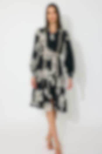 Black & Beige Muslin Cotton Silk Floral Printed Summer Shirt Dress by Koai at Pernia's Pop Up Shop