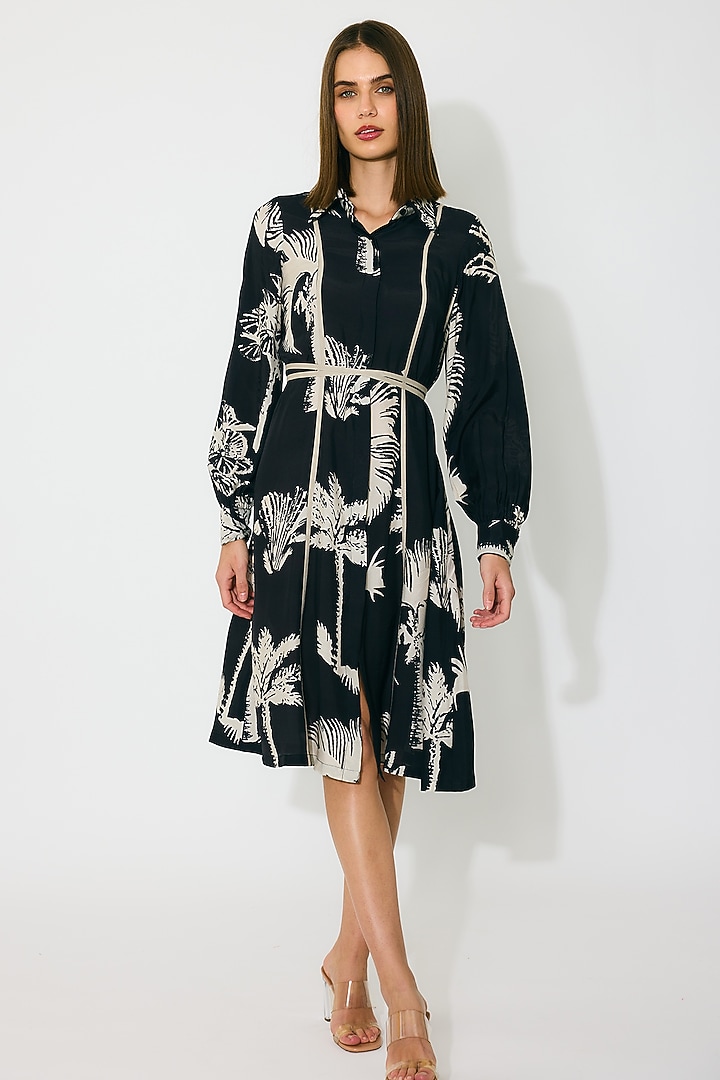 Black & Beige Muslin Cotton Silk Floral Printed Summer Shirt Dress by Koai at Pernia's Pop Up Shop
