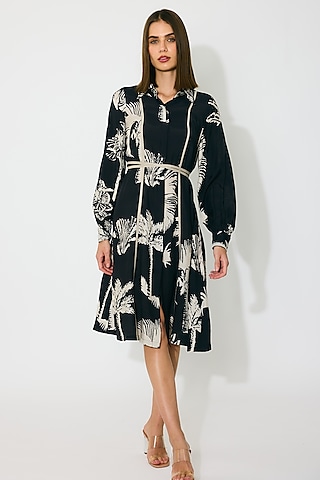 Black & Beige Muslin Cotton Silk Floral Printed Shirt Dress by Koai