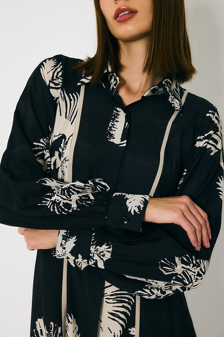 Black & Beige Muslin Cotton Silk Floral Printed Summer Shirt Dress by Koai at Pernia's Pop Up Shop