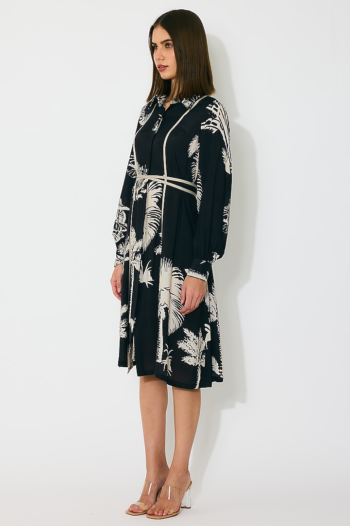 Black & Beige Muslin Cotton Silk Floral Printed Summer Shirt Dress by Koai at Pernia's Pop Up Shop