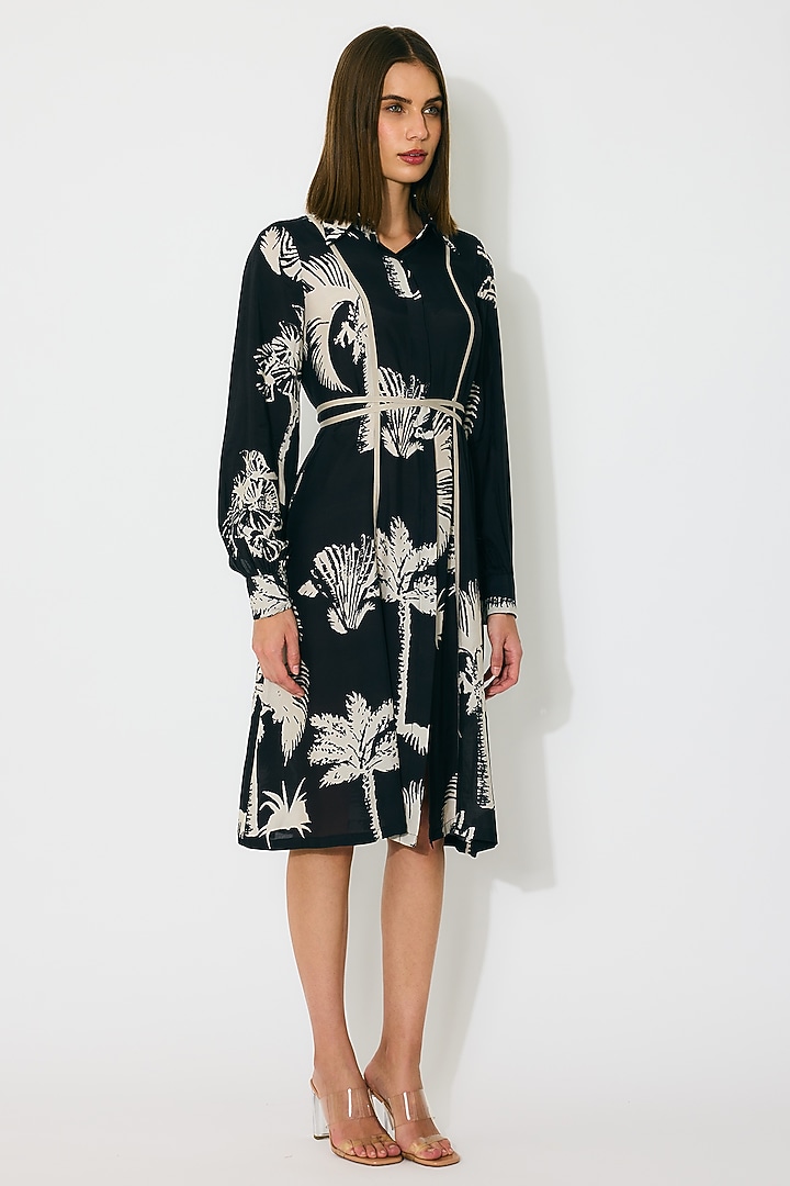 Black & Beige Muslin Cotton Silk Floral Printed Summer Shirt Dress by Koai at Pernia's Pop Up Shop