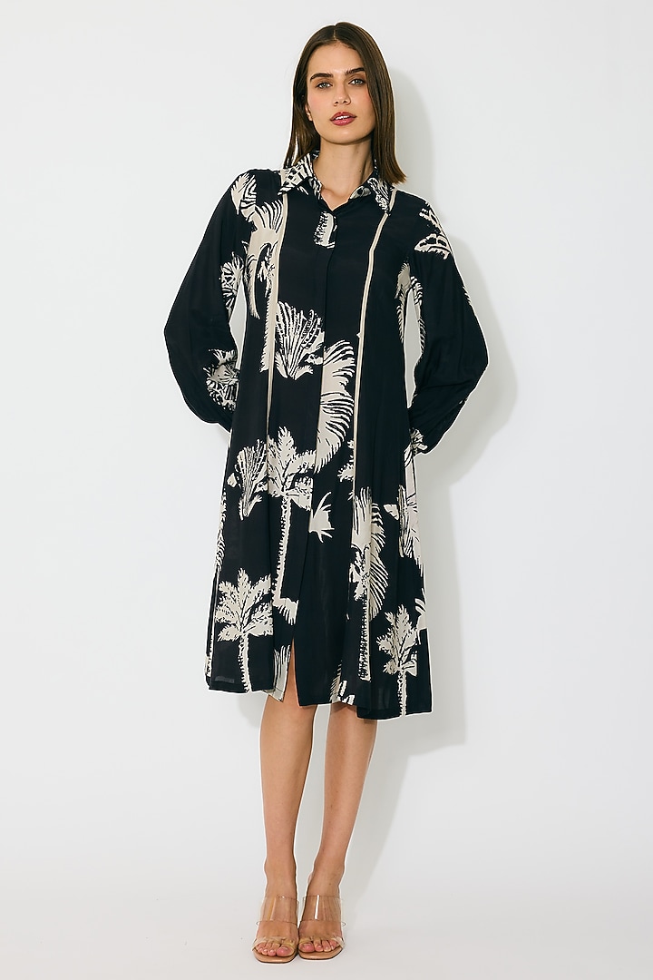Black & Beige Muslin Cotton Silk Floral Printed Summer Shirt Dress by Koai at Pernia's Pop Up Shop