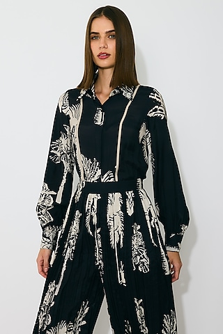 Black & Beige Muslin Cotton Silk Floral Printed Shirt by Koai