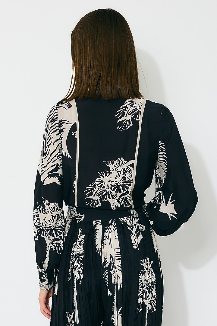 Black & Beige Muslin Cotton Silk Floral Printed Shirt by Koai at Pernia's Pop Up Shop