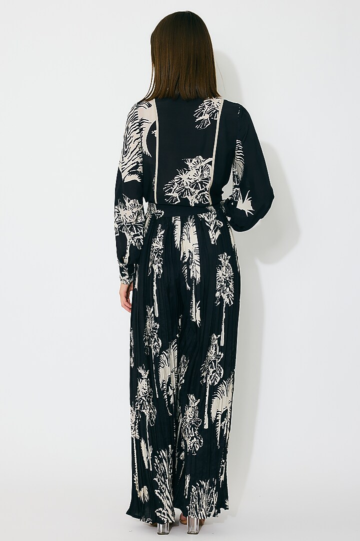 Black & Beige Muslin Cotton Silk Floral Printed Crinkled Pants by Koai at Pernia's Pop Up Shop