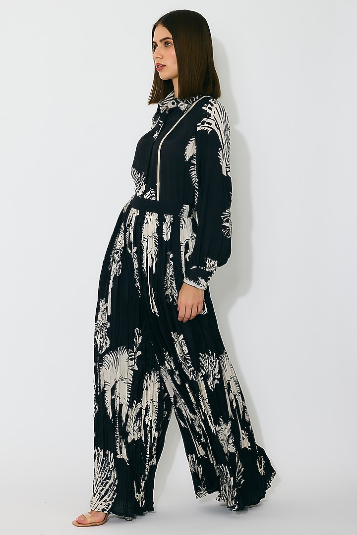 Black & Beige Muslin Cotton Silk Floral Printed Crinkled Pants by Koai at Pernia's Pop Up Shop
