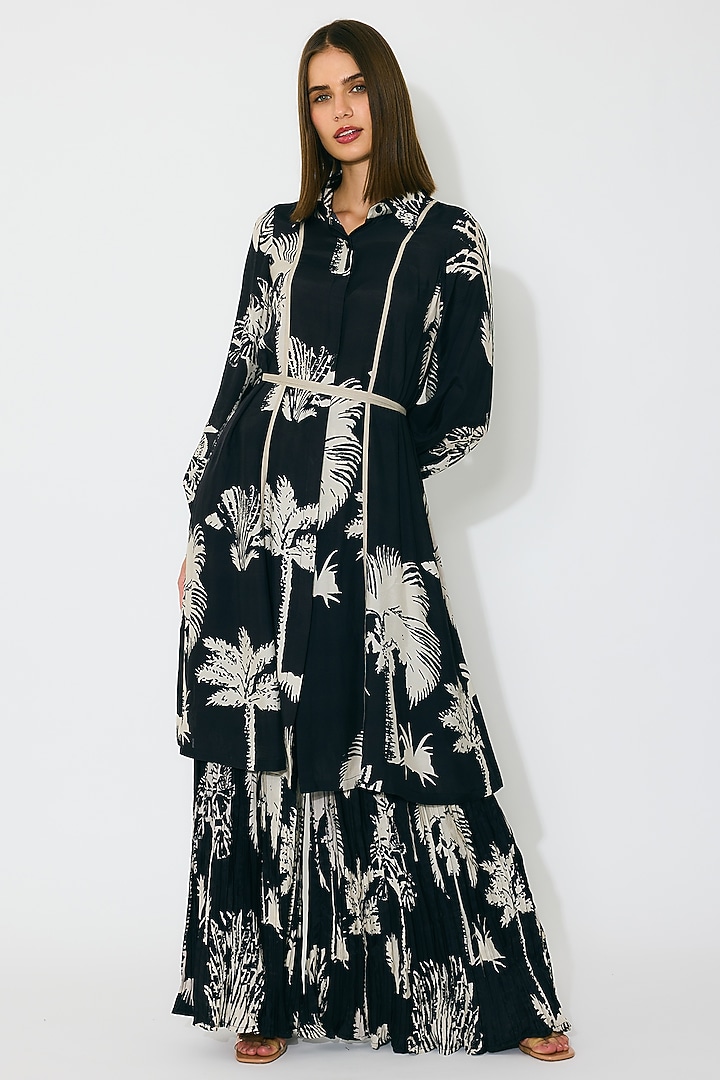 Black & Beige Muslin Cotton Silk Floral Printed Crinkled Pants by Koai at Pernia's Pop Up Shop