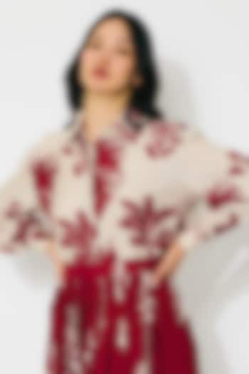 Beige & Red Muslin Cotton Silk Floral Printed Shirt by Koai at Pernia's Pop Up Shop