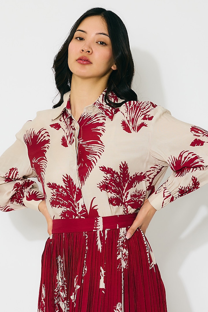 Beige & Red Muslin Cotton Silk Floral Printed Shirt by Koai at Pernia's Pop Up Shop