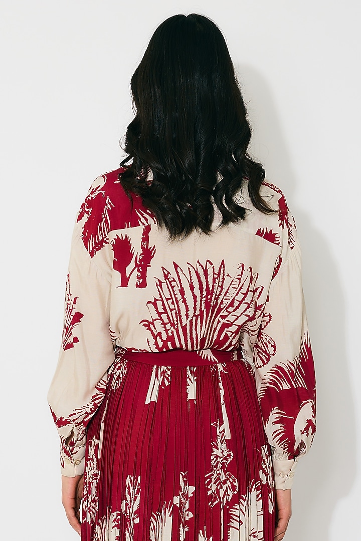 Beige & Red Muslin Cotton Silk Floral Printed Shirt by Koai at Pernia's Pop Up Shop