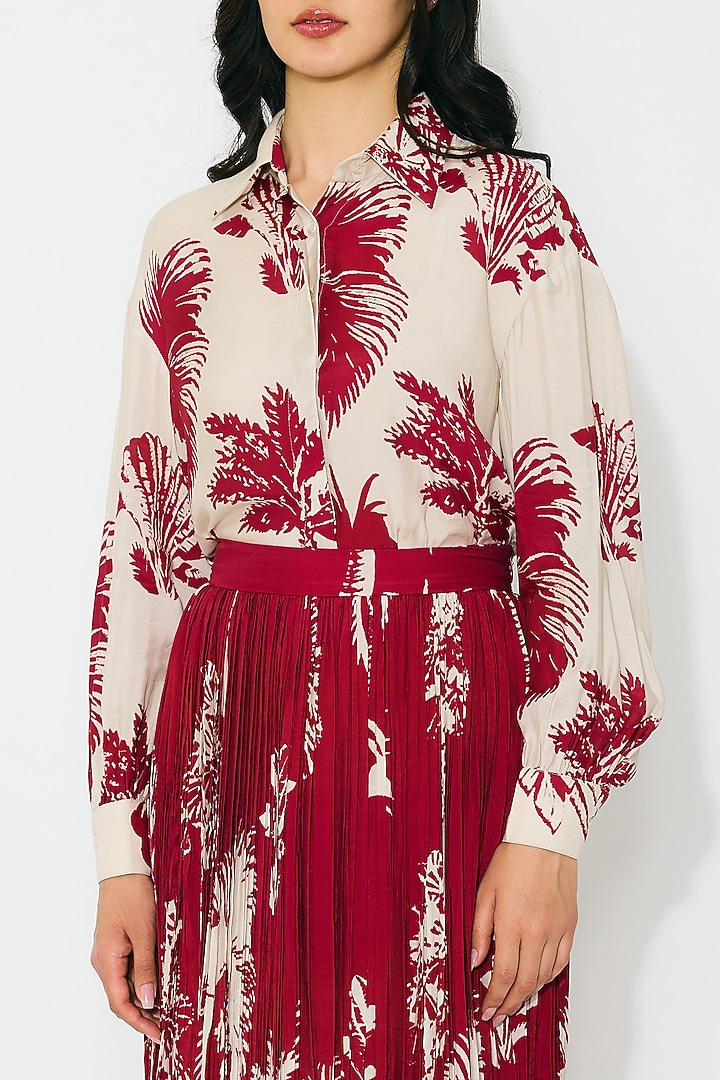 Beige & Red Muslin Cotton Silk Floral Printed Shirt by Koai at Pernia's Pop Up Shop