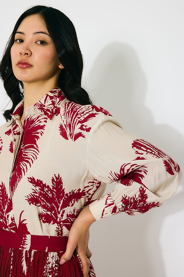 Beige & Red Muslin Cotton Silk Floral Printed Shirt by Koai at Pernia's Pop Up Shop