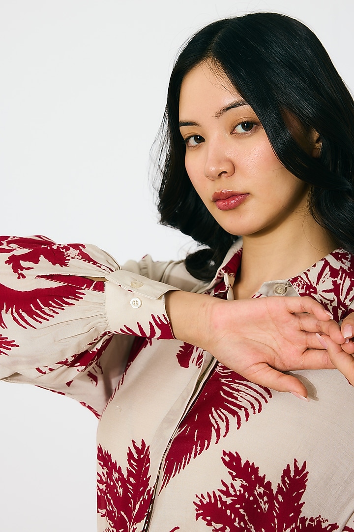 Beige & Red Muslin Cotton Silk Floral Printed Shirt by Koai at Pernia's Pop Up Shop