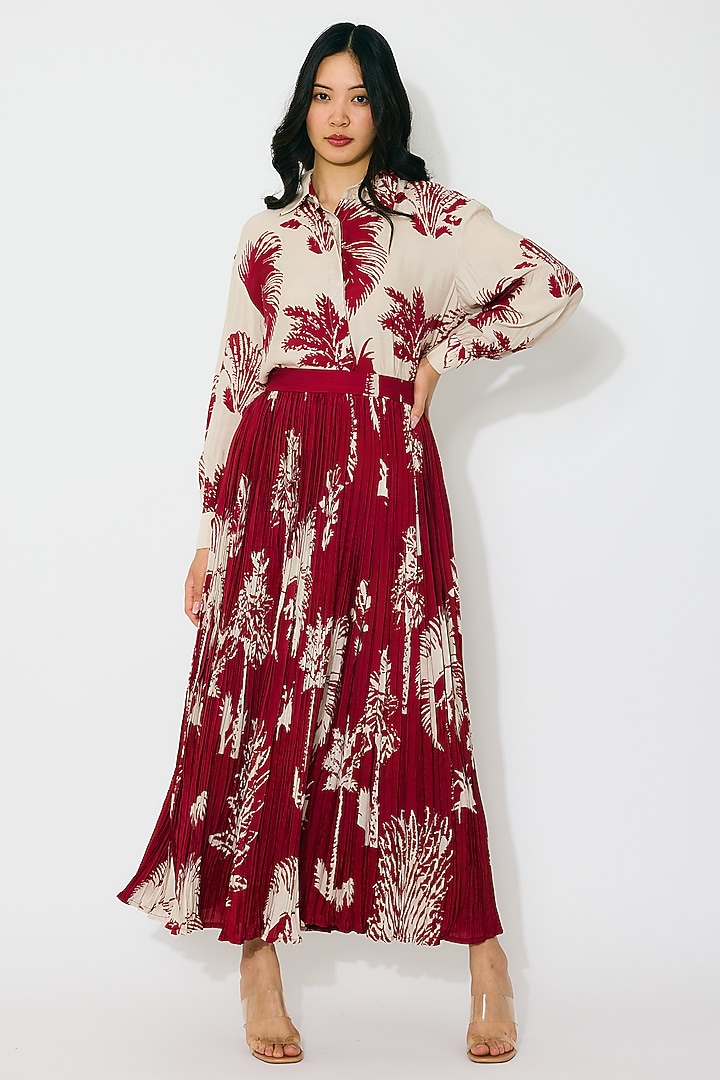 Beige & Red Muslin Cotton Silk Floral Printed Shirt by Koai at Pernia's Pop Up Shop