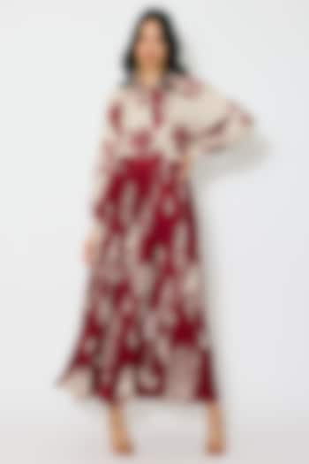 Beige & Red Muslin Cotton Silk Floral Printed Crinkled Skirt by Koai at Pernia's Pop Up Shop