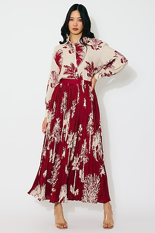 Beige & Red Muslin Cotton Silk Floral Printed Crinkled Skirt by Koai