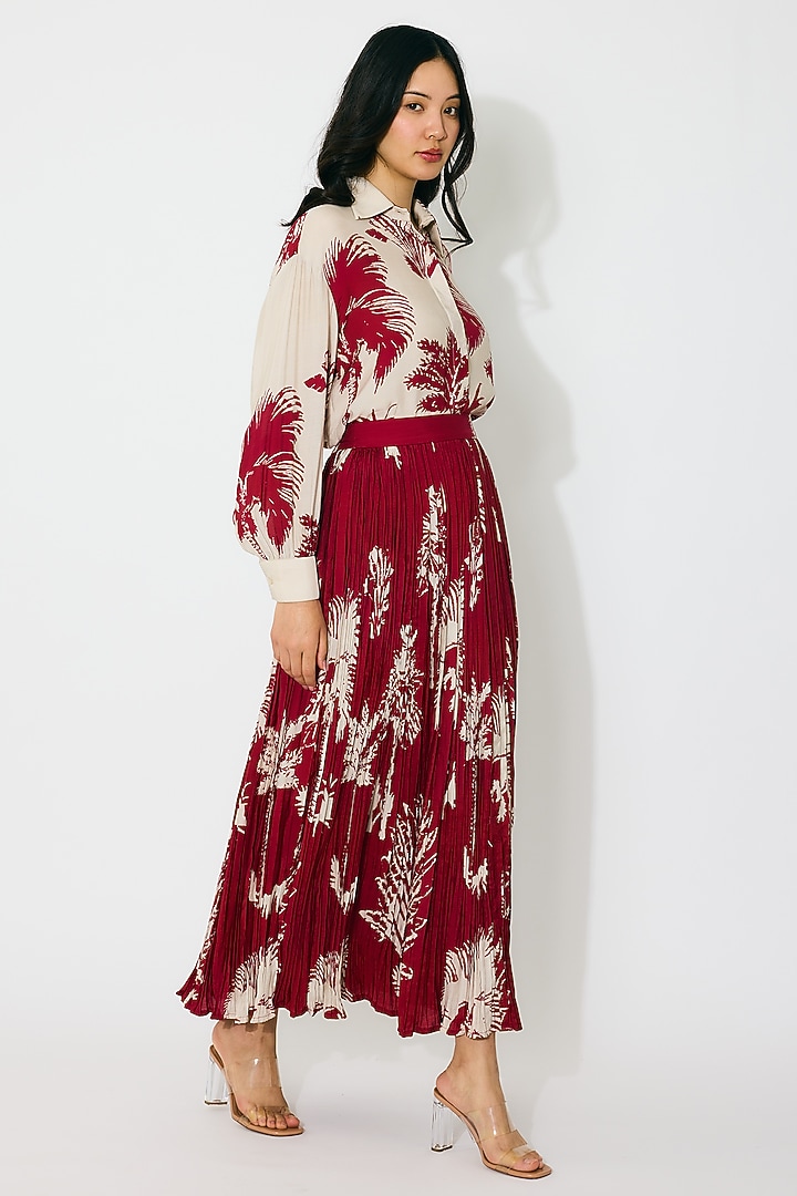 Beige & Red Muslin Cotton Silk Floral Printed Crinkled Skirt by Koai at Pernia's Pop Up Shop
