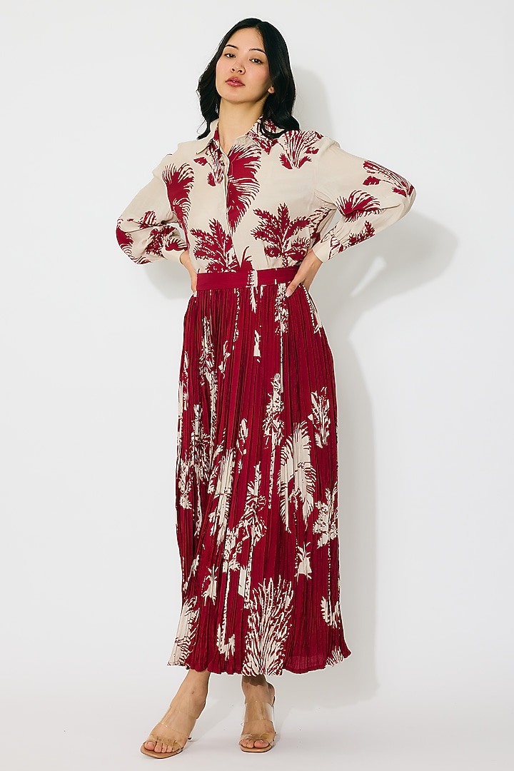 Beige & Red Muslin Cotton Silk Floral Printed Crinkled Skirt by Koai at Pernia's Pop Up Shop