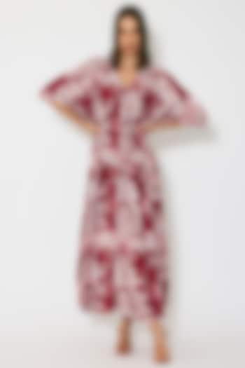 Peach & Red Muslin Cotton Silk Toile Printed Kaftan Dress by Koai at Pernia's Pop Up Shop