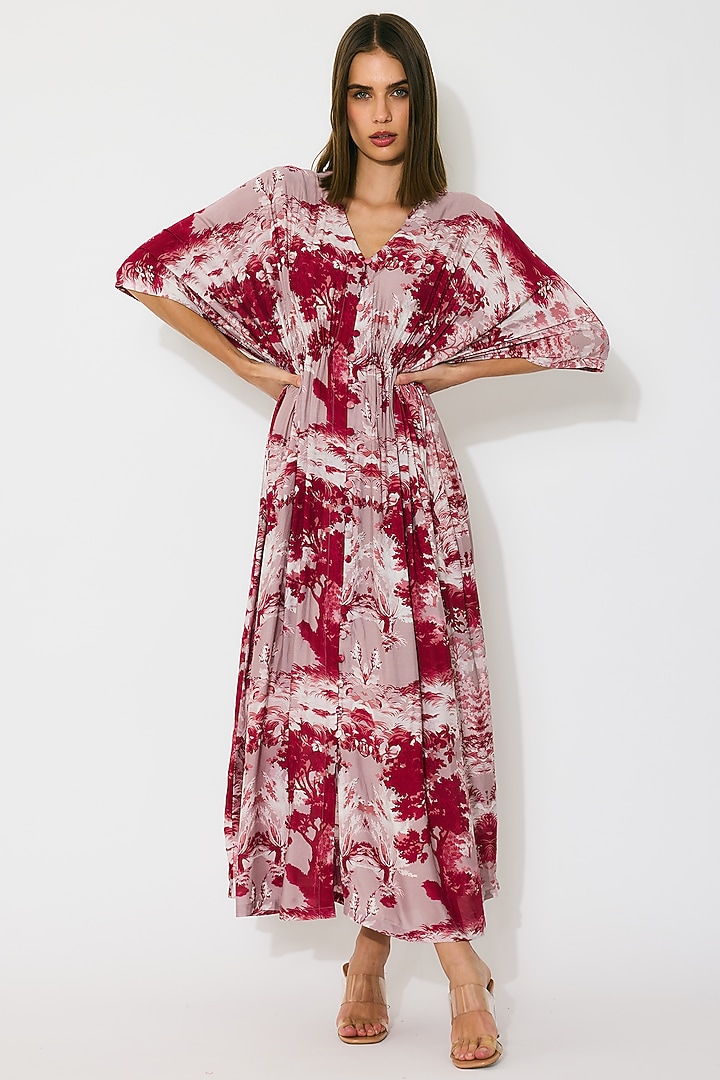Peach & Red Muslin Cotton Silk Toile Printed Kaftan Dress by Koai at Pernia's Pop Up Shop
