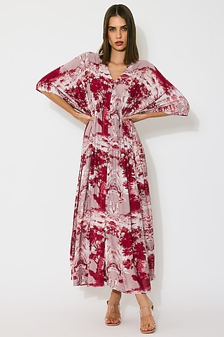 Peach & Red Muslin Cotton Silk Toile Printed Kaftan Dress by Koai