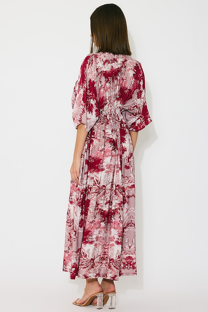 Peach & Red Muslin Cotton Silk Toile Printed Kaftan Dress by Koai at Pernia's Pop Up Shop