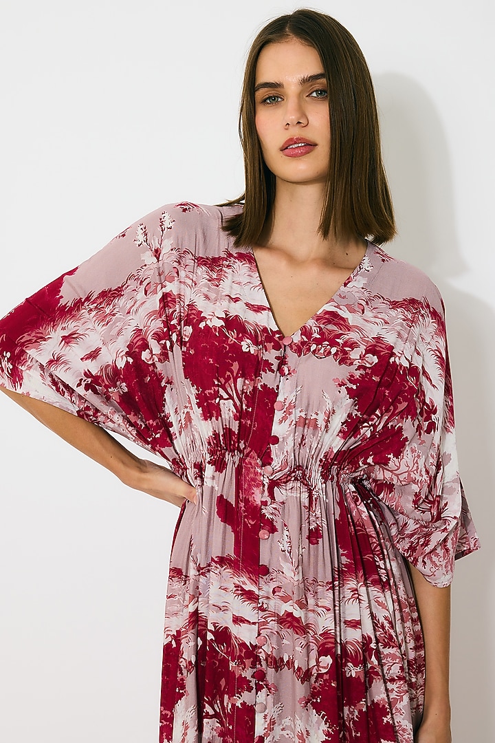 Peach & Red Muslin Cotton Silk Toile Printed Kaftan Dress by Koai at Pernia's Pop Up Shop