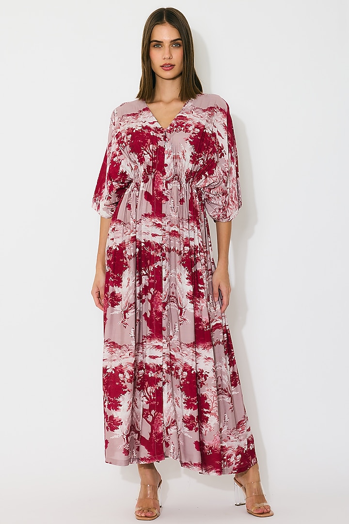 Peach & Red Muslin Cotton Silk Toile Printed Kaftan Dress by Koai at Pernia's Pop Up Shop