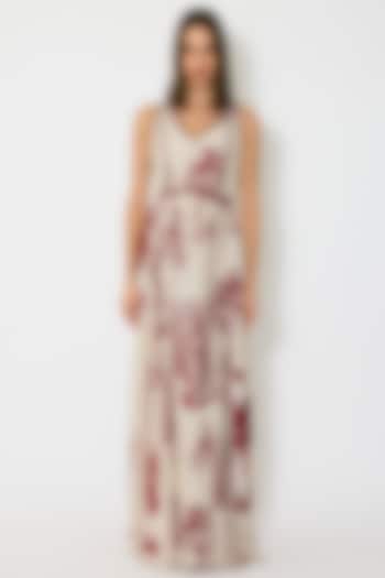 Beige & Red Muslin Cotton Silk Floral Maxi Vacation Dress by Koai at Pernia's Pop Up Shop