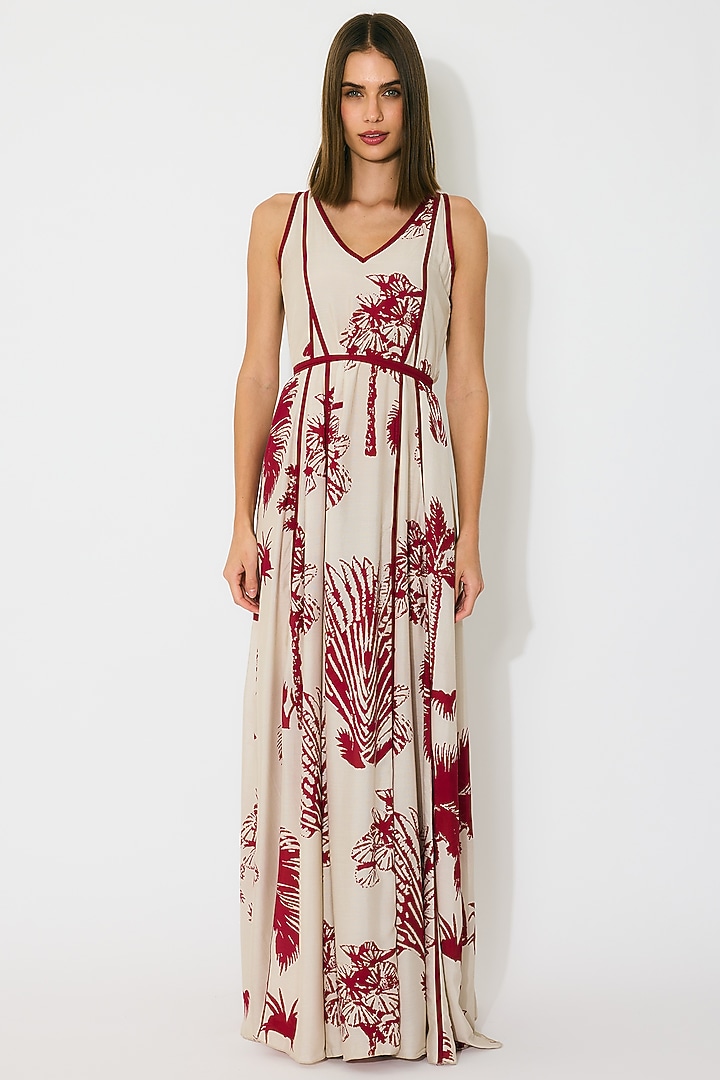 Beige & Red Muslin Cotton Silk Floral Maxi Vacation Dress by Koai at Pernia's Pop Up Shop