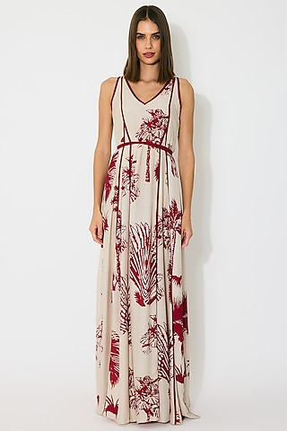 Beige & Red Muslin Cotton Silk Floral Maxi Dress by Koai