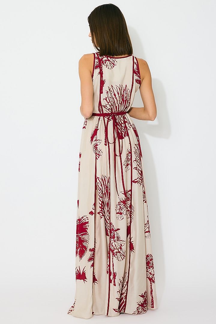 Beige & Red Muslin Cotton Silk Floral Maxi Vacation Dress by Koai at Pernia's Pop Up Shop