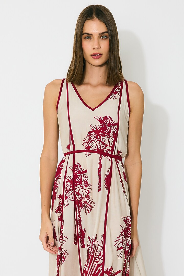 Beige & Red Muslin Cotton Silk Floral Maxi Vacation Dress by Koai at Pernia's Pop Up Shop