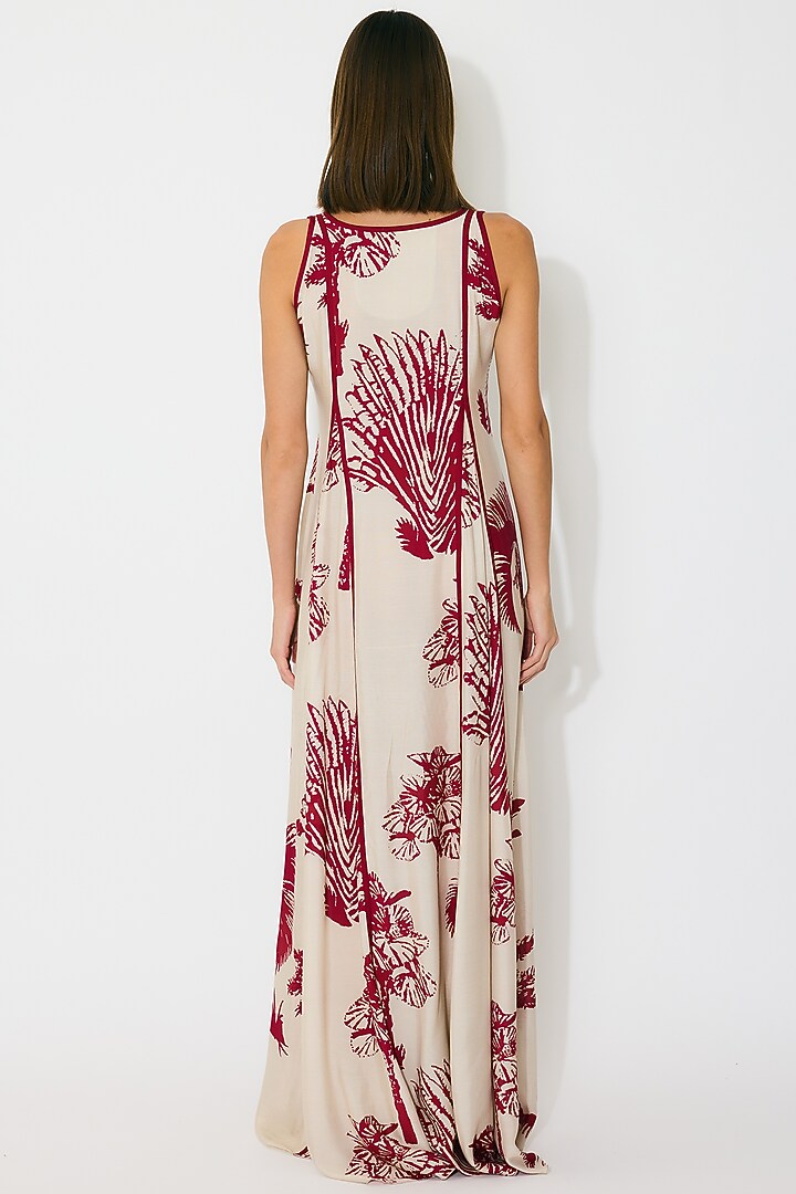 Beige & Red Muslin Cotton Silk Floral Maxi Vacation Dress by Koai at Pernia's Pop Up Shop