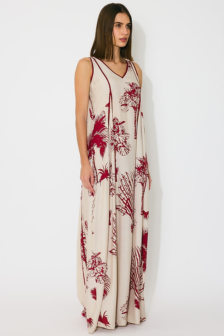 Beige & Red Muslin Cotton Silk Floral Maxi Vacation Dress by Koai at Pernia's Pop Up Shop