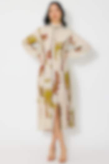 Beige & Mustard Muslin Cotton Silk Floral Shirt Summer Dress by Koai at Pernia's Pop Up Shop